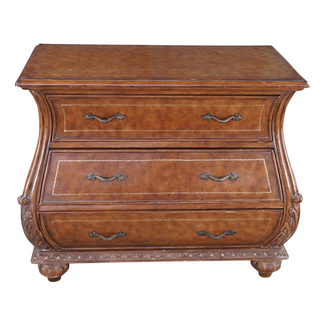 Vintage French Louis XVI Tooled Leather Bombe Chest Dresser Commode 44" For Sale