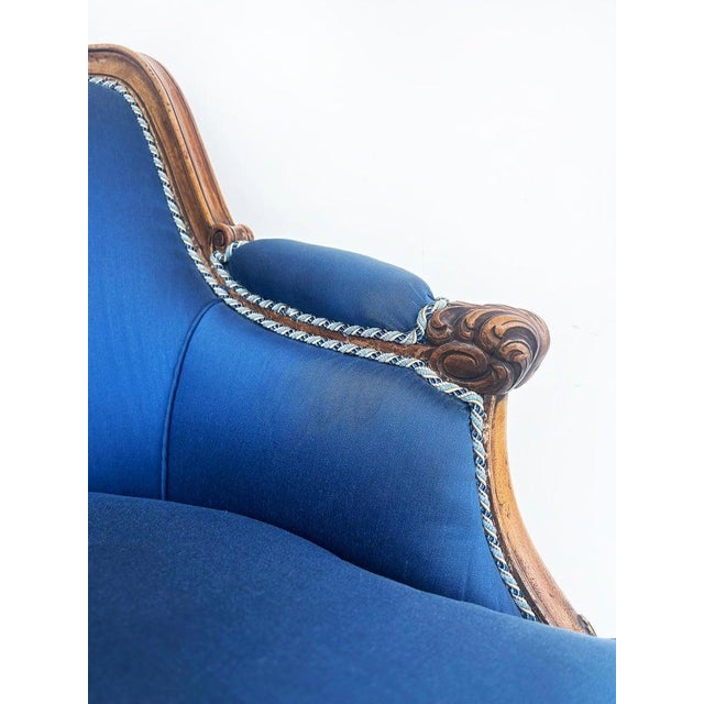 1920s Carved Walnut French Bergeres Armchairs Upholstered in Silk, a Pair For Sale - Image 12 of 15