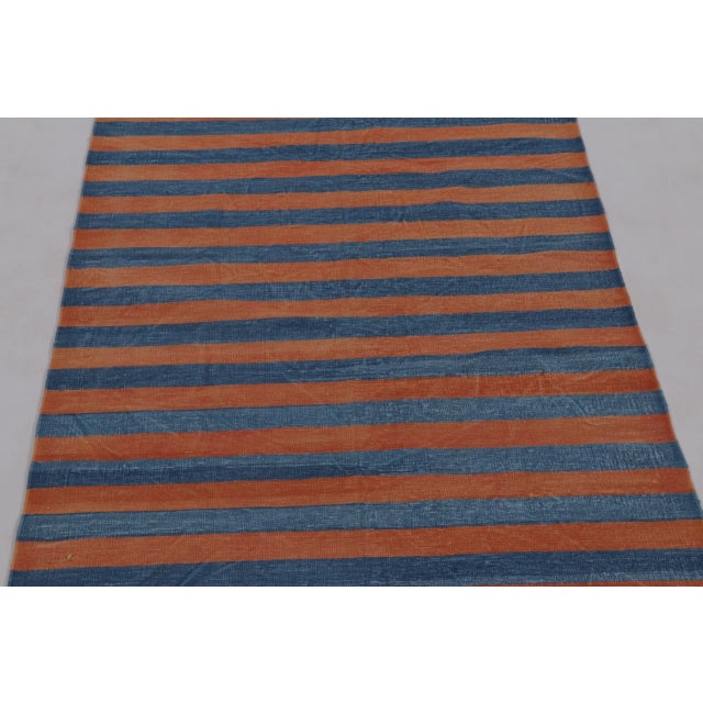 Rug & Kilim’s Indian Dhurrie Runner in Blue and Rust Geometric Stripes For Sale - Image 4 of 9