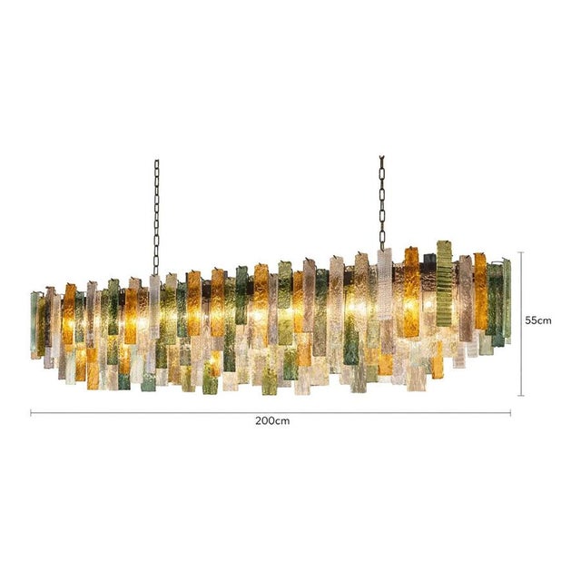 Scenographic italian hand-made chandelier with multicolors strip “listelli”, elements of murano glass. huge rectangular...