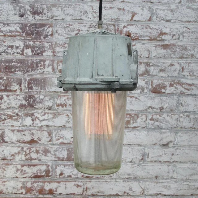 1950s Vintage Industrial Grey Metal & Striped Glass Pendant Lights For Sale - Image 5 of 7