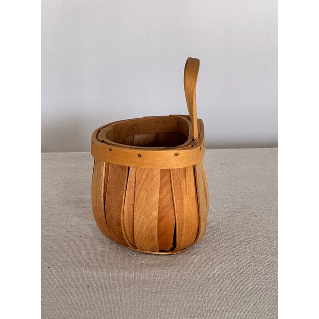 Vintage American Woven Slat Bentwood Basket with Wooden Handle and nailheads