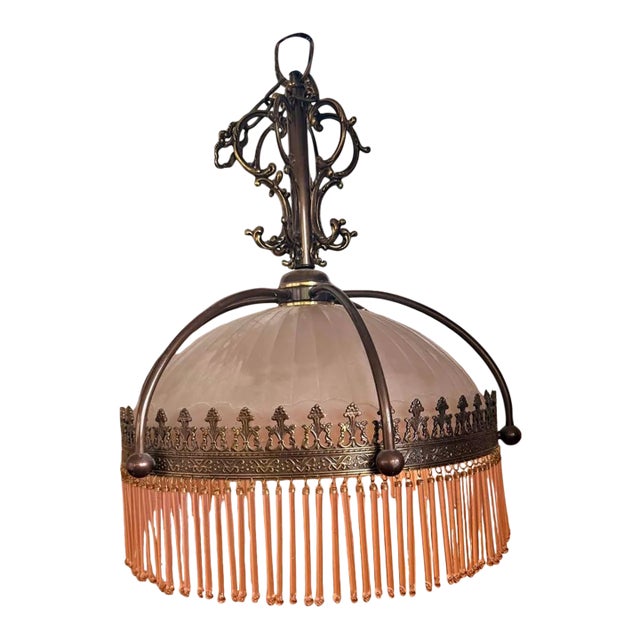 1920s/30s Frosted Glass Dome Chandelier With Brass Crown Detailing and Pink Blown Glass Beads For Sale