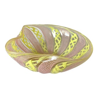 Vintage Italian Murano Glass Bowl With Pastel Pink and Yellow Latticino Ribbons For Sale