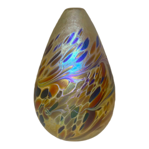 Hand Blown Maytum Studio Art Glass Iridescent Aurene Egg Shaped Bud Vase 1986
