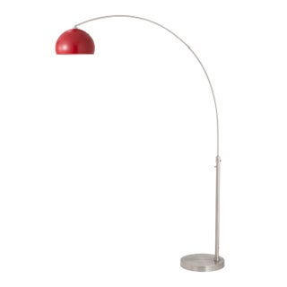 1960s Half Dome Mid Century Modern Floor Lamp - Morelli Arc Lamp, Crimson Red Shade, Satin Nickel Steel, Dimmable For Sale