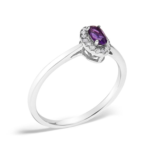10K White Gold 5X3MM Oval Purple Amethyst and Diamond Accent Halo Ring (I-J Color, I1-I2 Clarity) - Ring Size 7.5 For Sale - Image 4 of 7