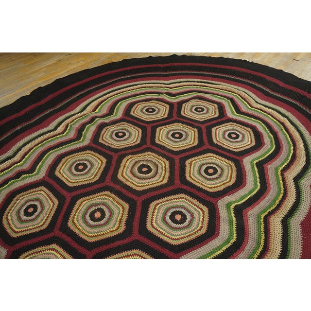 Oval Shape Hexagonal Geometric Modernist Design Antique American Folk Art Braided Rug For Sale - Image 10 of 18
