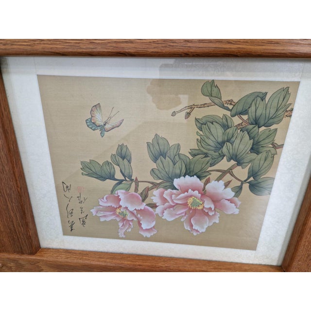 Wood Chinese Hand-Painted Silk Artworks in Oak Frames, 1950s, Set of 2 For Sale - Image 7 of 9