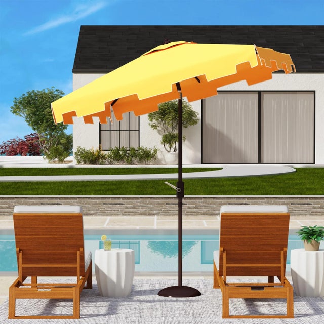 A classic market umbrella gets a chic makeover in forever fashionable yellow and white with a stylish valance for extra...