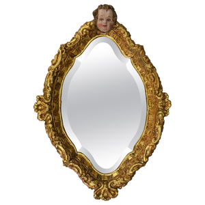 Baroque French Gilt Wood Wall Mirror with Cherub Head, 1930s