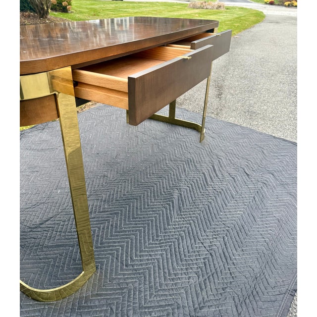 1970s Mid-Century Modern Floating-Top Walnut Desk With Brass Base by John Stuart For Sale - Image 5 of 16