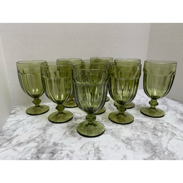 Vintage Set of Ribbed Green Glass Goblets, Set of Nine For Sale - Image 4 of 8