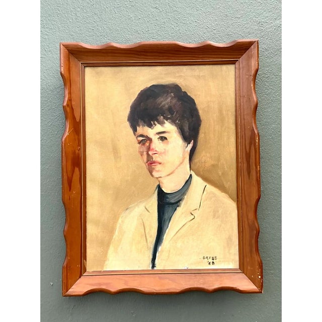 Wood Vintage 1968 Signed Portrait Painting For Sale - Image 7 of 12