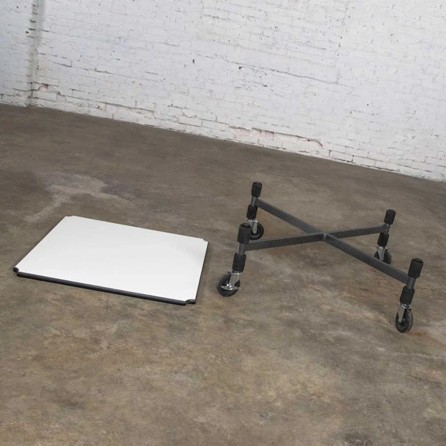 White Post-Modern Low Coffee Table or End Table White Laminate & Metal on Casters Style Brian Kaneodern For Sale - Image 8 of 11