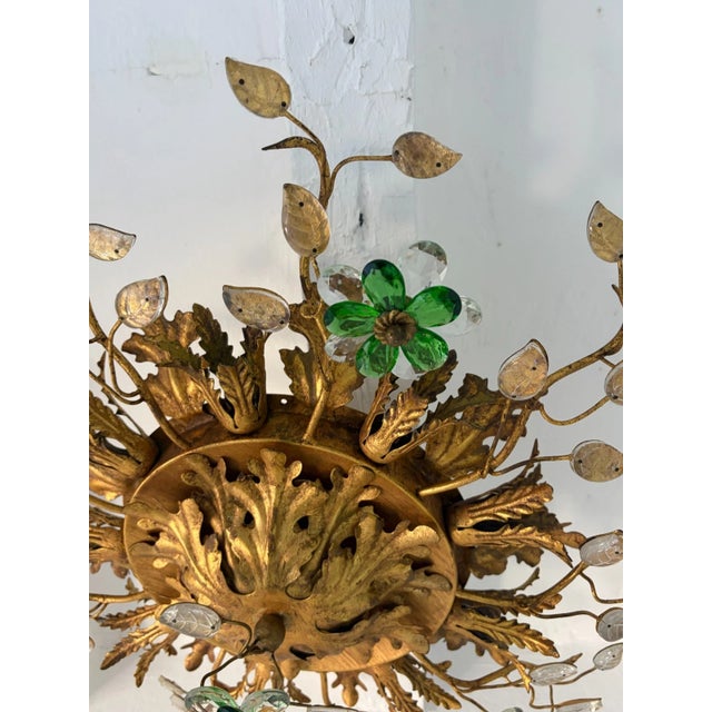 Maison Baguès Flush Mount Maison Baguès Crystal Green Flowers Leaves Chandelier 9 Lights For Sale - Image 4 of 11