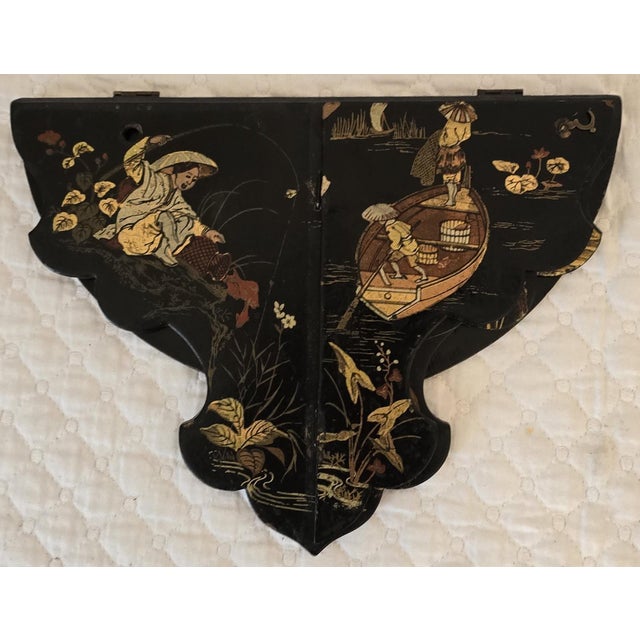 Paint 19th Century Chinoiserie Black Lacquer Wall Pocket and Paper Divider Ensemble For Sale - Image 7 of 12