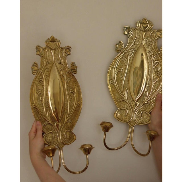 Gold Swedish Art Nouveau Style Brass Double Arm Sconces, Set of 2 For Sale - Image 8 of 17