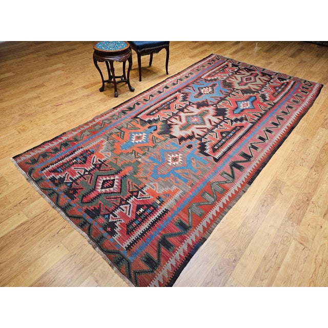 Antique Caucasian Kazak Kilim, Handwoven Wool, Geometric Design, Terracotta & Turquoise, 6x11 For Sale - Image 10 of 18