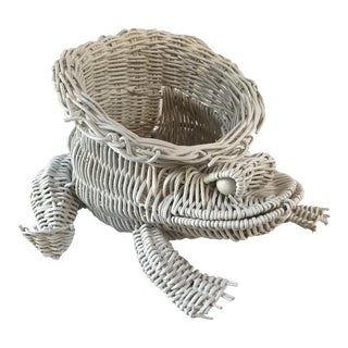 Vintage Frog Form White Wicker Planter Basket For Sale