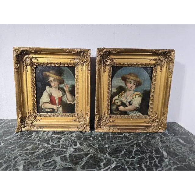 Young Shepherdesses, 1870, Oil Paintings on Panel, Set of 2 For Sale - Image 3 of 11
