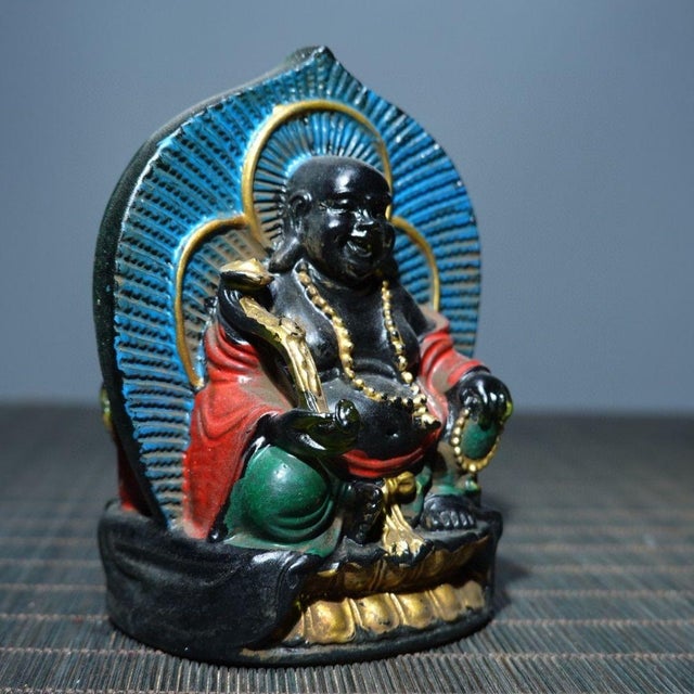 Vintage Painted Glass Maitreya Buddha With Halos, Double-Sided For Sale - Image 9 of 9