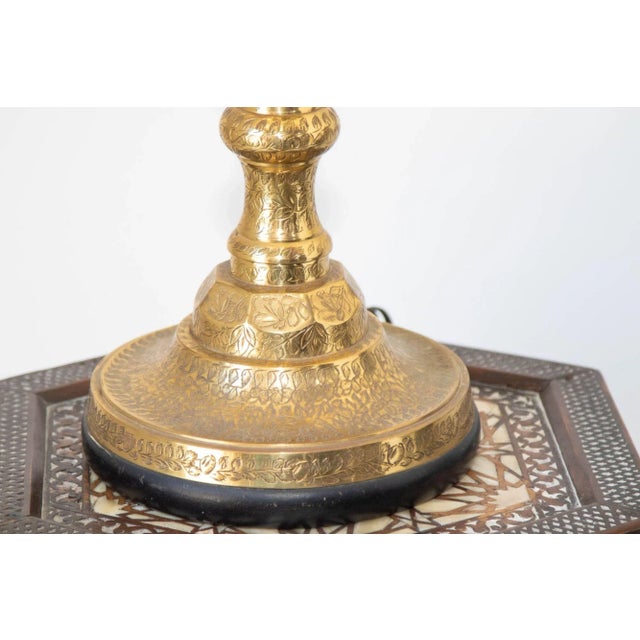Vintage Polished Etched Brass Candle Holder Table Lamp India 1950 For Sale - Image 4 of 18