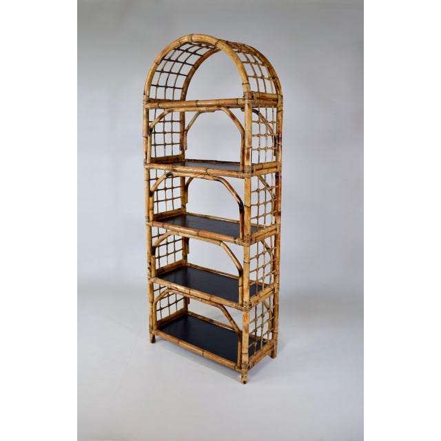 1960s Coastal British Colonial Style Tortoise Bamboo Etagere Bookcase Shelf Arched For Sale - Image 5 of 8