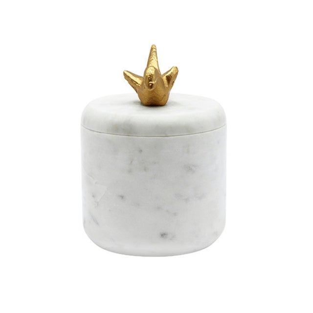 Contemporary Matthew Izzo Home Oriz Marble Round Container With Brass Origami Bird on Lid For Sale - Image 3 of 3