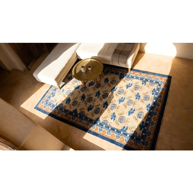 1890s Beige Field Ruyi Cloud Shou Symbols Antique Chinese Kansu Small Rug For Sale - Image 14 of 15