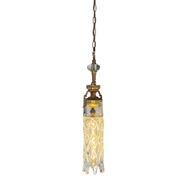 Contemporary Mid 20th Century Murano Open Clear Lattice Cylinder Ormolu Pendant Light For Sale - Image 3 of 18