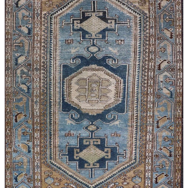 Textile Persian Antique Malayer Rug With Geometric Design in Blue's & Brown's For Sale - Image 7 of 12