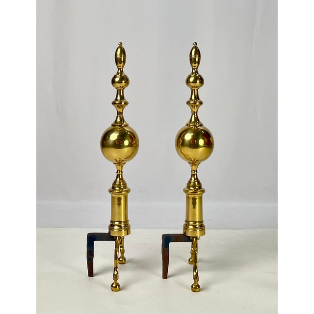 Late 20th Century Vintage Tall Polished Brass & Cast Iron Ball Top Andirons - Pair For Sale - Image 5 of 14