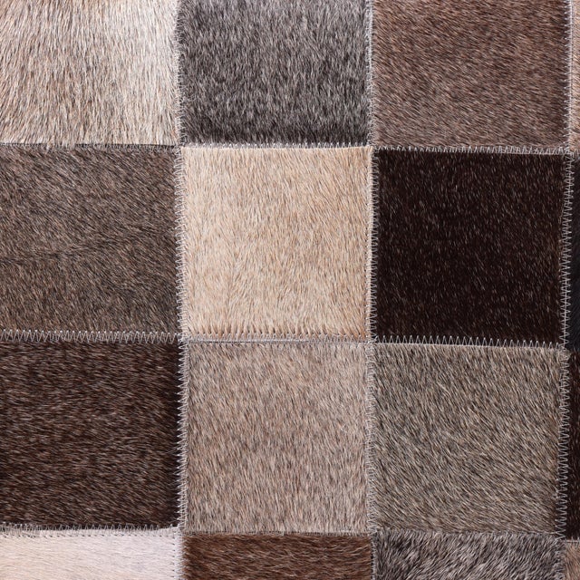 Animal Skin Handmade Brown Patchwork Cowhide Leather Ottoman Pouf 18x18x18 in Warm For Sale - Image 7 of 8