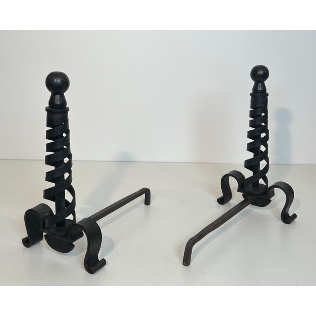 Pair of modernist cast iron andirons. Raymond Subes. For Sale - Image 6 of 12
