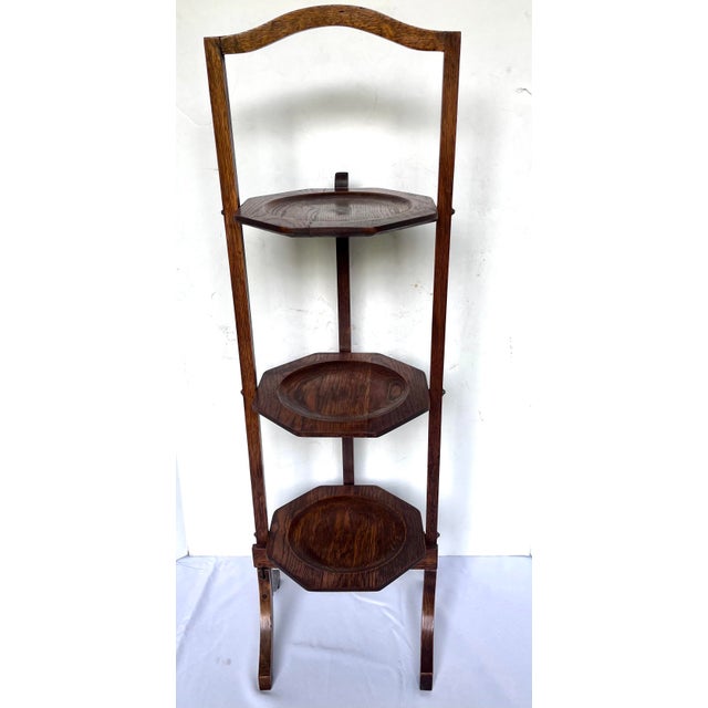 English Antique Edwardian Quartersawn Oak 3-Tier Folding Cake Stand For Sale - Image 3 of 16
