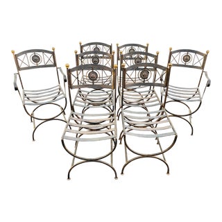 Set of 8 Mid 20th Century Spanish Style Wrought Iron Curule Garden Dining Chairs For Sale