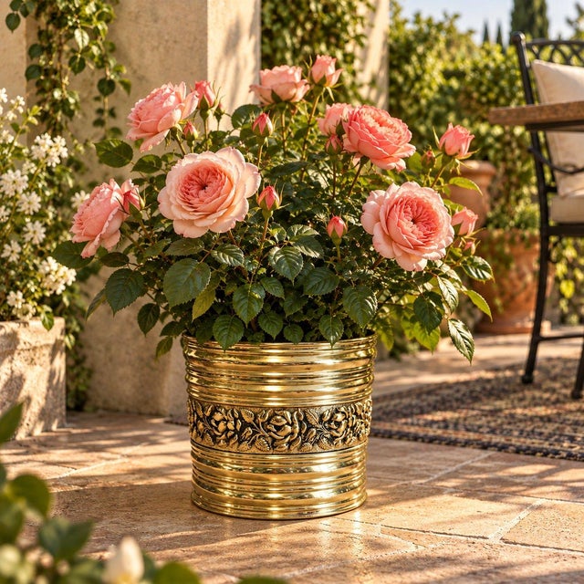 Victorian Vintage Brass Embossed Rose Planter Made in England Heirloom For Sale - Image 3 of 3