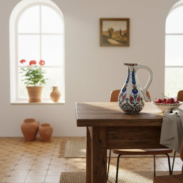 Traditional Handmade Ceramic “Ibrik” Pitcher Vase (25cm) – Red Tulip & Blue Hyacinth Pattern – Traditional Turkish Ewer For Sale - Image 3 of 9