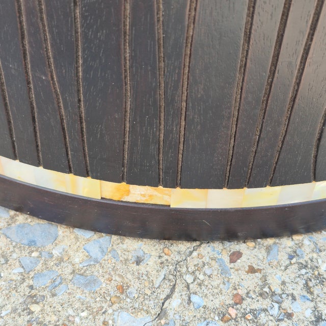 2000s Faux Bois Wood & Mother of Pearl Drum Tables Drink Accent Side Tables, a Pair For Sale - Image 12 of 14
