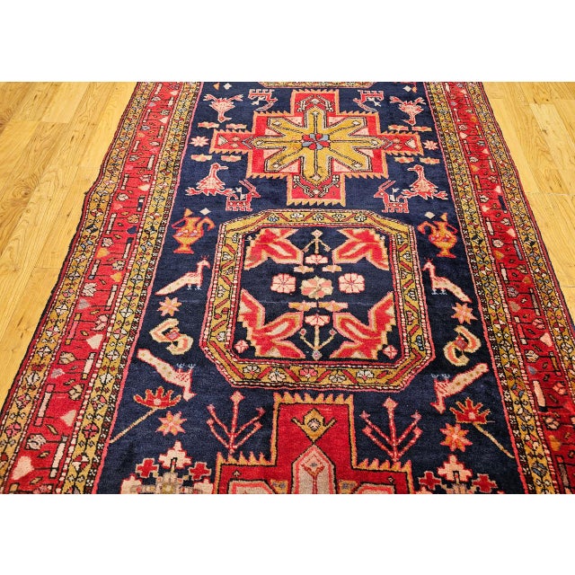 Vintage Persian Hamadan Gallery Rug, Hand-Knotted Wool, Geometric Bird Motifs Design, Navy & Red, 5x11 For Sale - Image 15 of 17