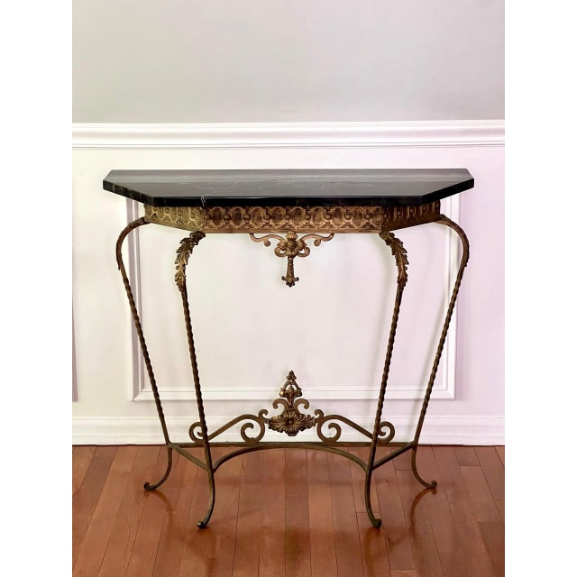 Oscar Bach Oscar Bach Attributed Gilded Iron Console With Beveled Mirror, Marble Top, C. 1920 For Sale - Image 4 of 18