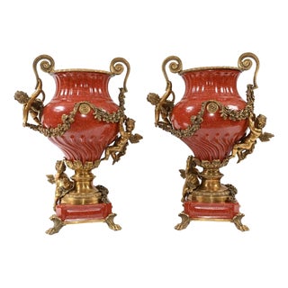 French Porcelain Ormolu Cherub Urns, Set of 2 For Sale