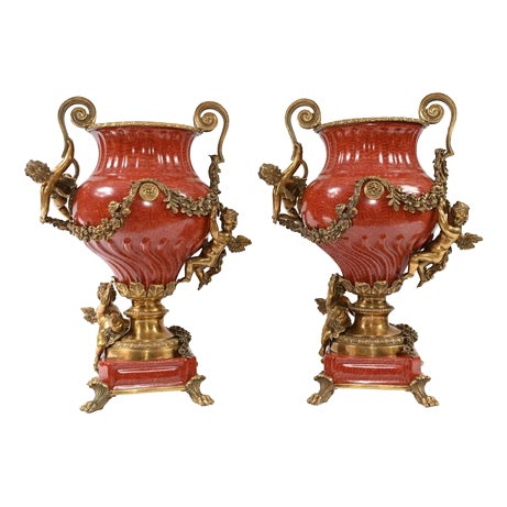French Porcelain Ormolu Cherub Urns, Set of 2 For Sale