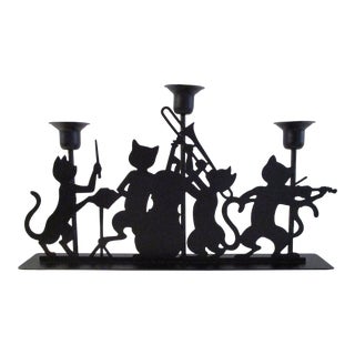 1980 Black Metal Cat Silhouettes Jazz Ensemble Candle Holder For Sale