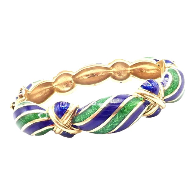 Vintage Tiffany & Co. 18k Yellow Gold Green Blue Enamel Bangle Bracelet For Sale