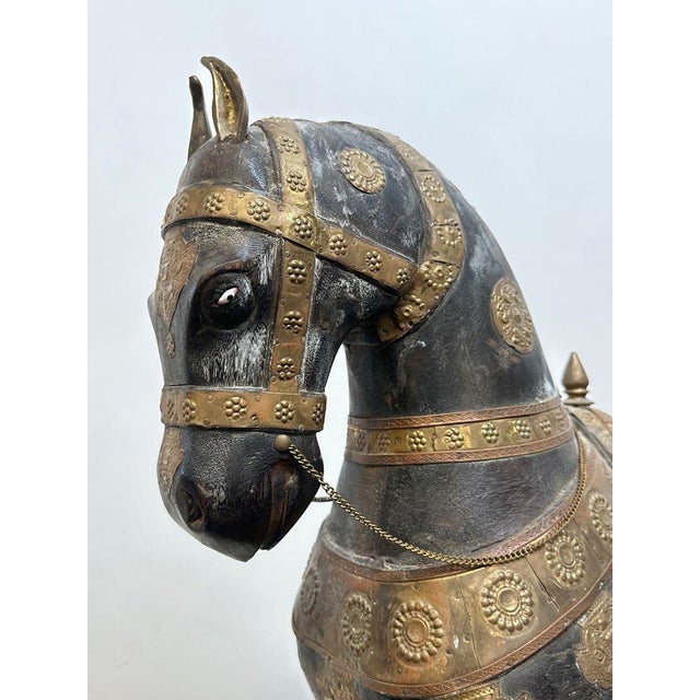 Pair of Antique Hand Carved Marwari War Horse Sculptures Pair Indian Wood Brass Copper For Sale - Image 9 of 14