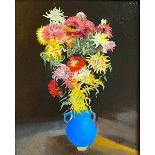 Still he life oil painting on hand stretched linen of flowers in a blue vase, in the style of les Fauves after Valtat by...