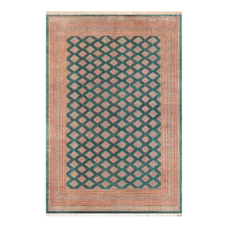 1980s Rustic Bokhara Green/Pink Hand Knotted Wool Rug For Sale