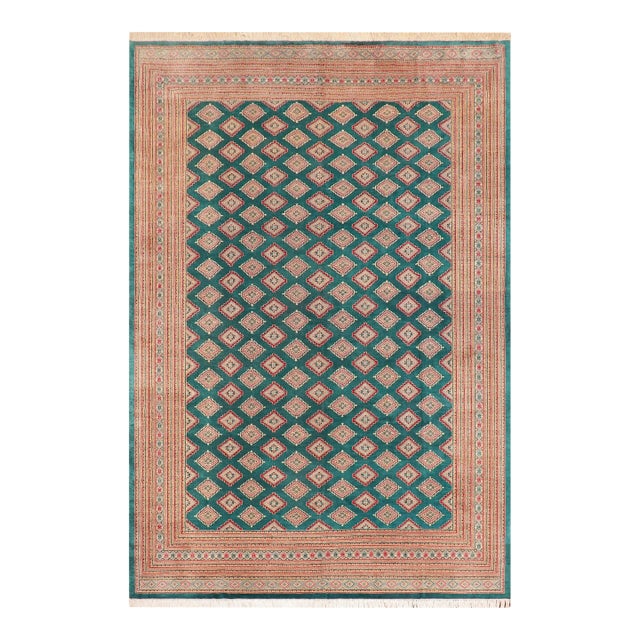 1980s Rustic Bokhara Green/Pink Hand Knotted Wool Rug For Sale
